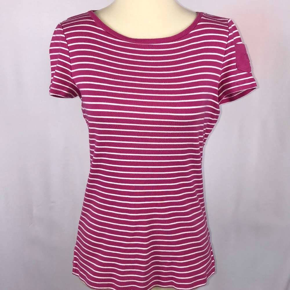 Ralph Lauren Pink & White Striped Short Sleeve Tee - Size Small